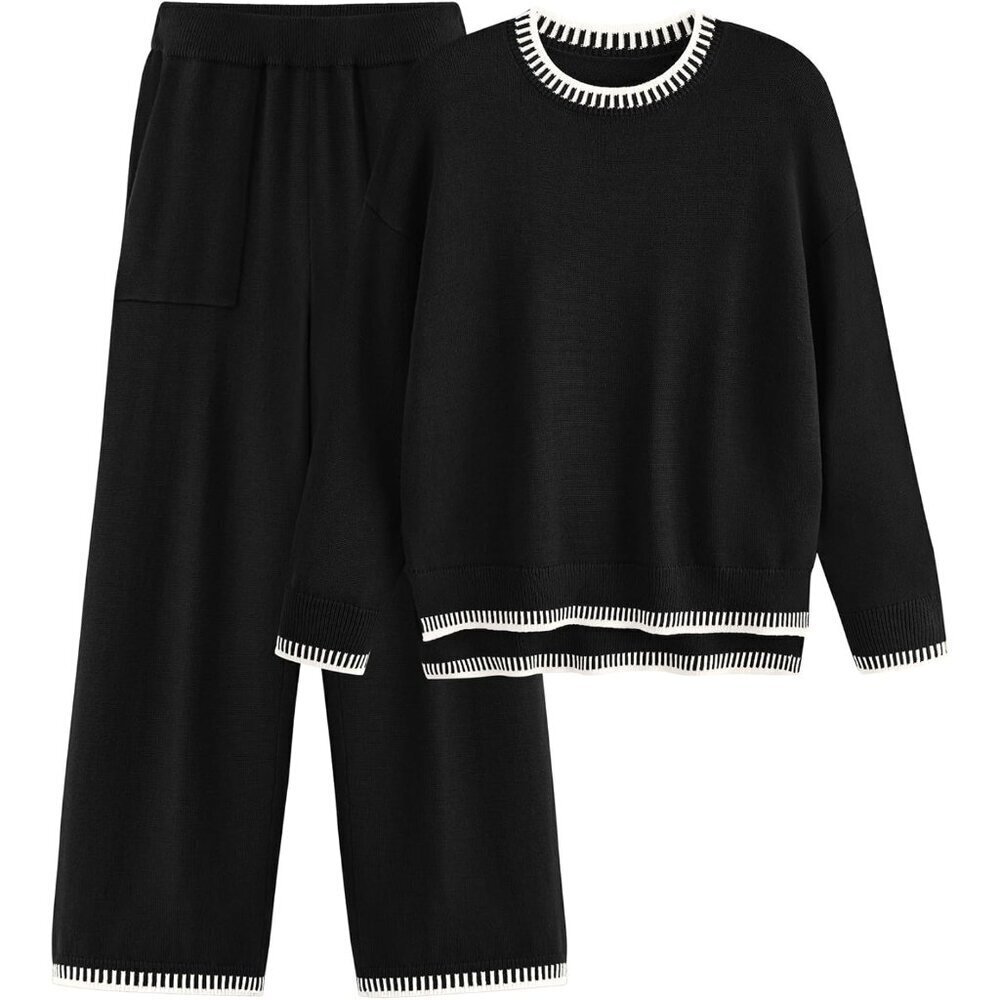 Women's Knit Two Piece Sweater Set Casual Long Sleeve Wide Leg Pants